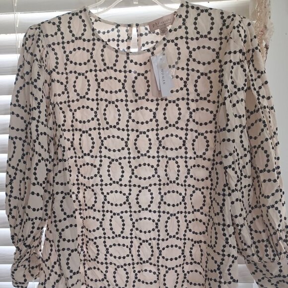NWT Philosophy Woman 1X Plus Size Blouse Geometric Dot Print Long Sleeve Viscose - Picture 1 of 8